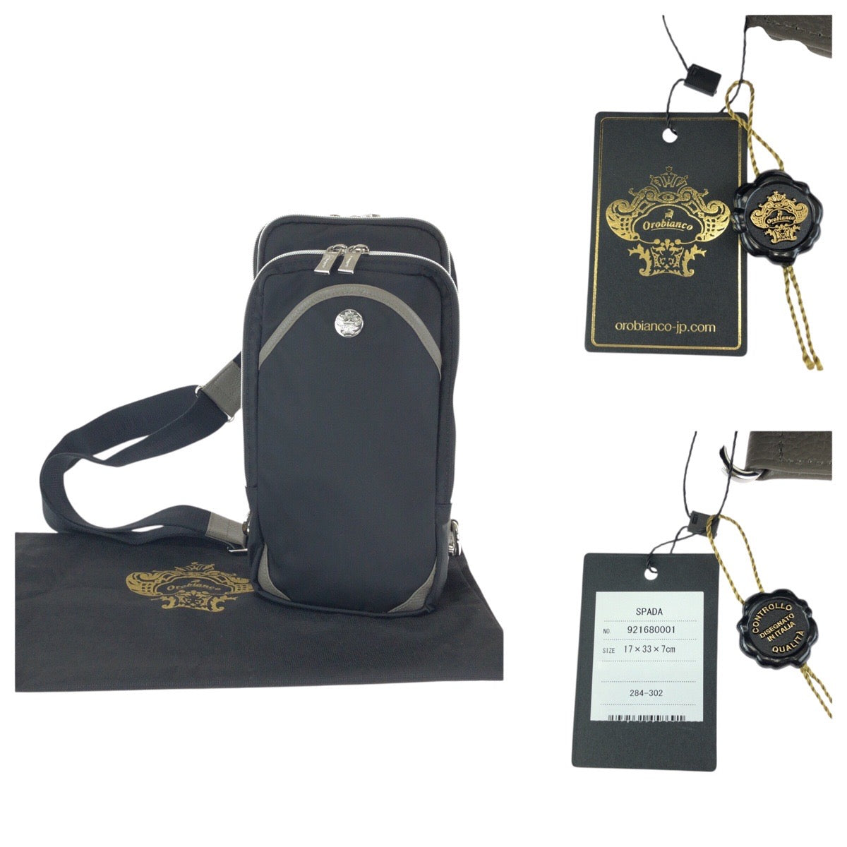 23818
Orobianco オロビアンコ ブラック グレー シルバー金具 ナイロン / レザー 92168 ボディバッグ ショルダーバッグ メンズ S14