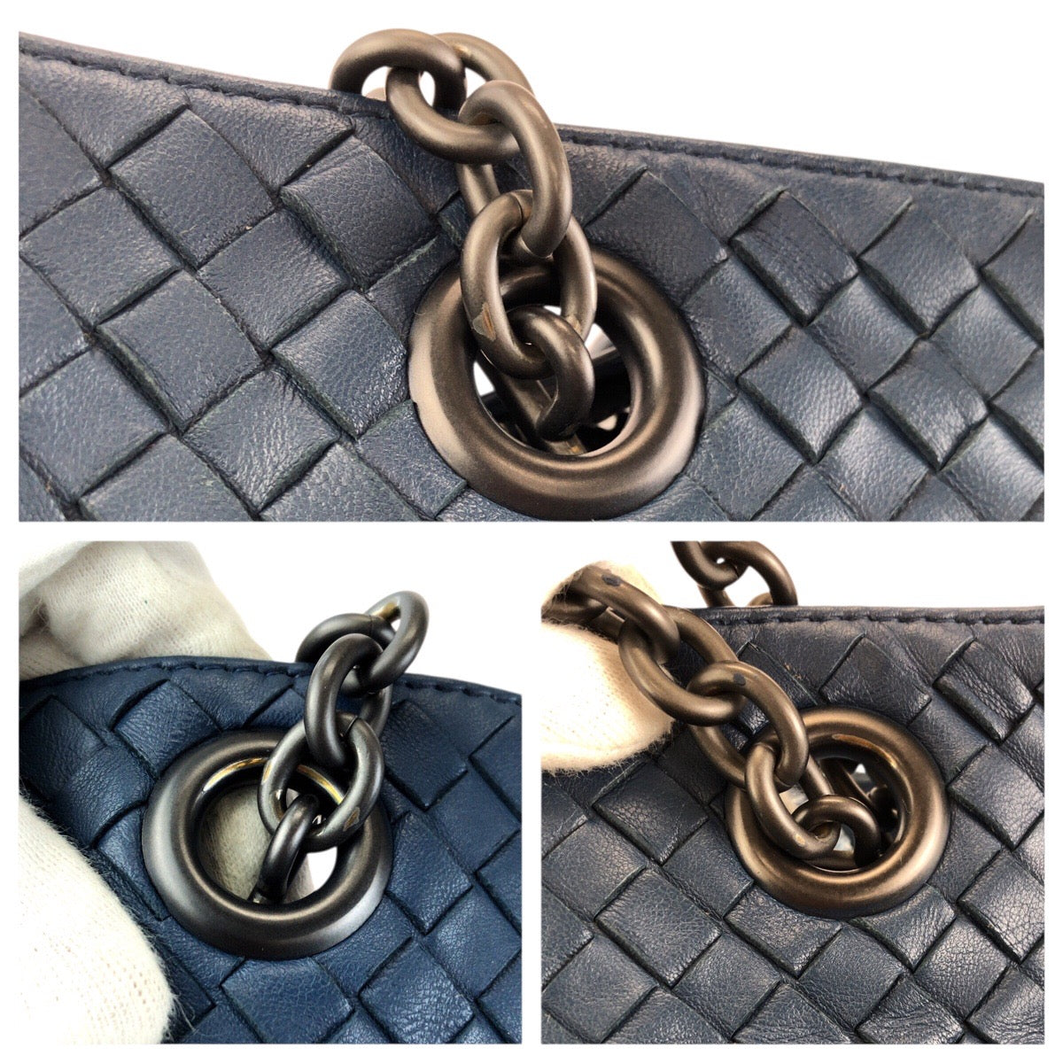23819
BOTTEGAVENETA ボッテガヴェネタ イントレチャート ネイビー ガンメタ金具 レザー チェーンショルダーバッグ トートバッグ メンズ ABP80