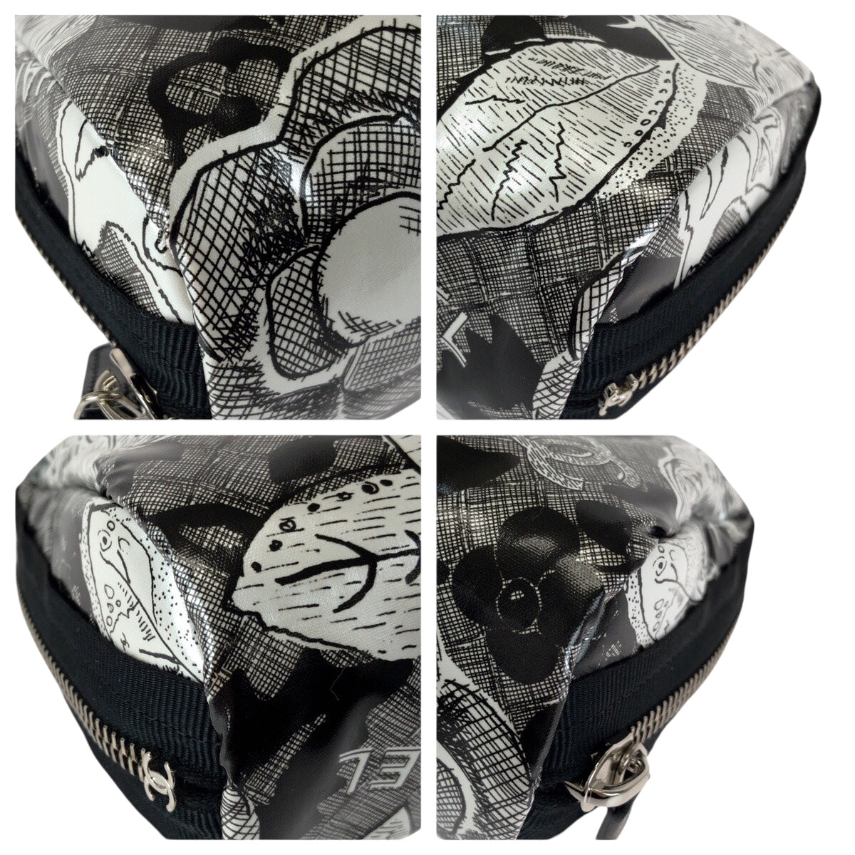 23825
CHANEL シャネル カメリア ココマーク グレー ブラック シルバー金具 ナイロン ポーチ メイクポーチ 小物入れ レディース S42
