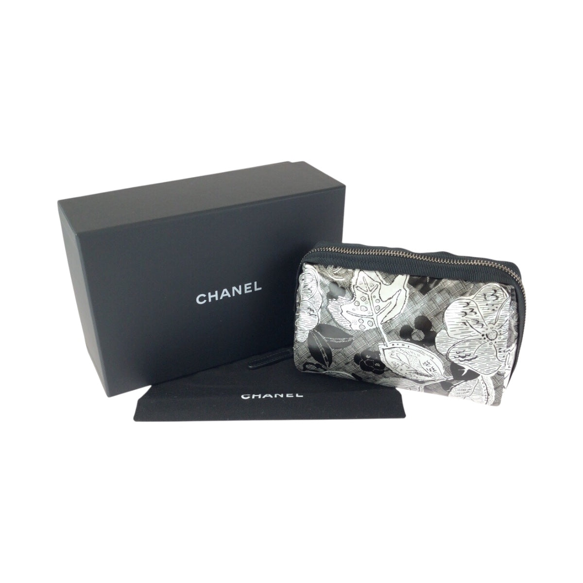 23825
CHANEL シャネル カメリア ココマーク グレー ブラック シルバー金具 ナイロン ポーチ メイクポーチ 小物入れ レディース S42