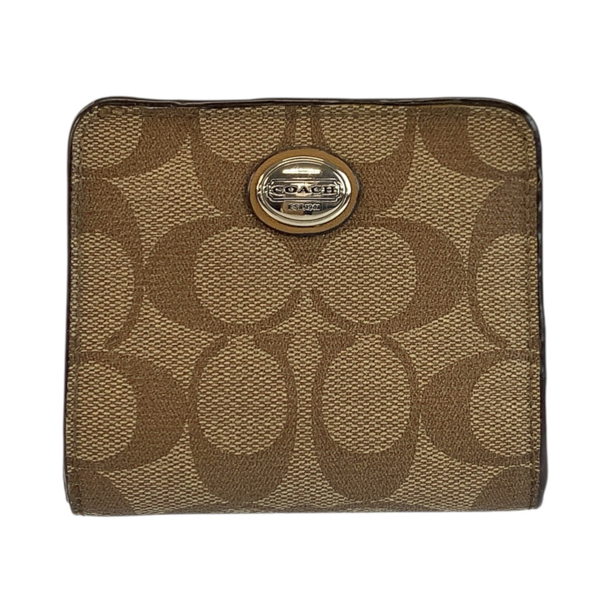 23835
COACH コーチ シグネチャー 花柄 ブラウン ベージュ シルバー金具 PVC 折り財布 コンパクトウォレット レディース AB1