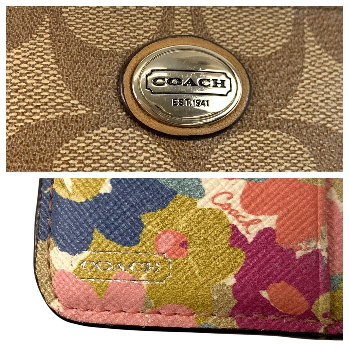 23835
COACH コーチ シグネチャー 花柄 ブラウン ベージュ シルバー金具 PVC 折り財布 コンパクトウォレット レディース AB1