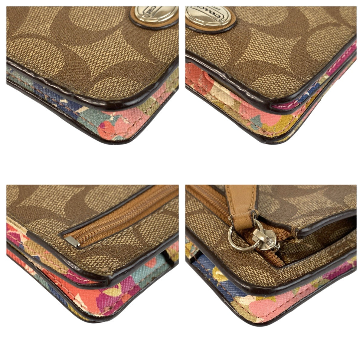 23835
COACH コーチ シグネチャー 花柄 ブラウン ベージュ シルバー金具 PVC 折り財布 コンパクトウォレット レディース AB1