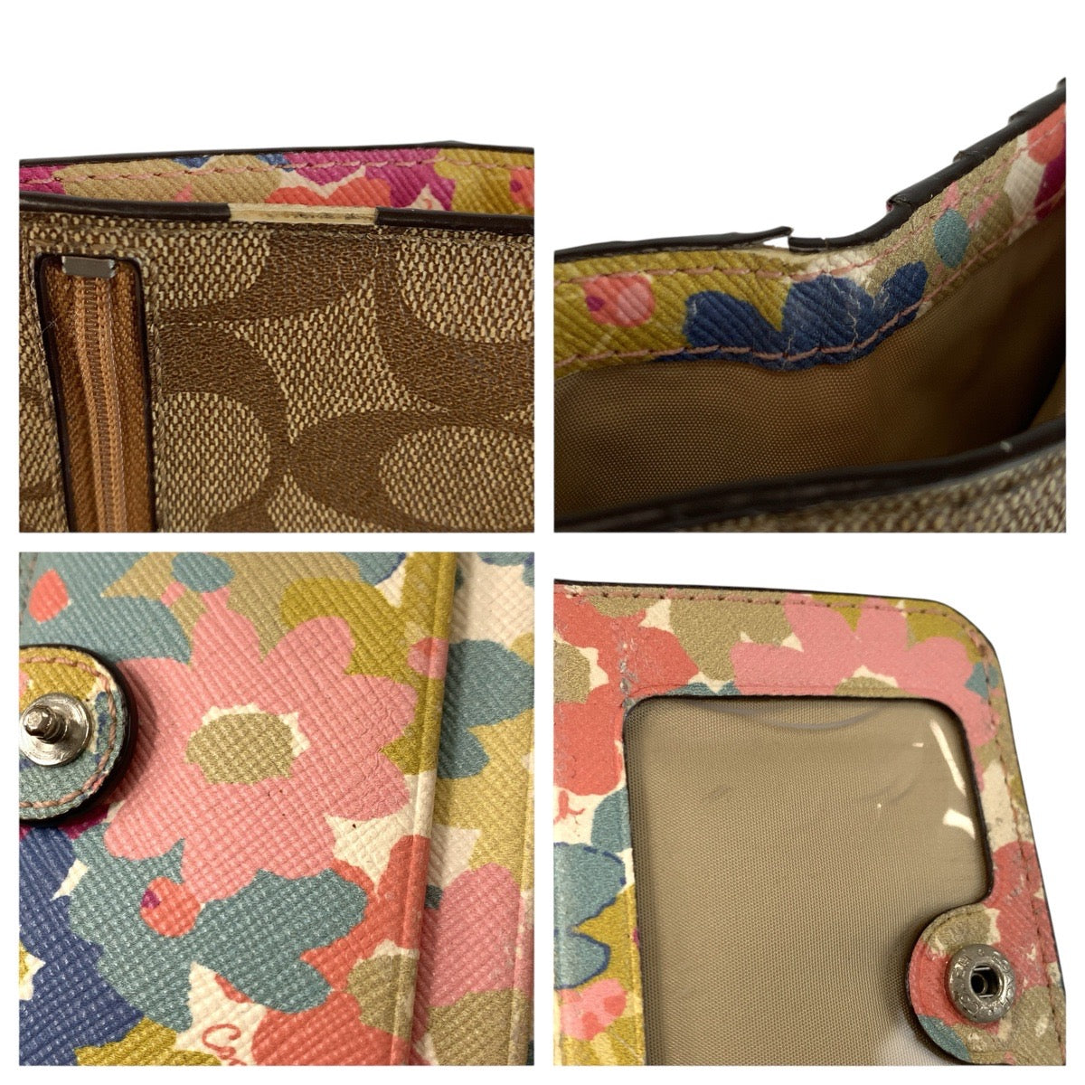 23835
COACH コーチ シグネチャー 花柄 ブラウン ベージュ シルバー金具 PVC 折り財布 コンパクトウォレット レディース AB1