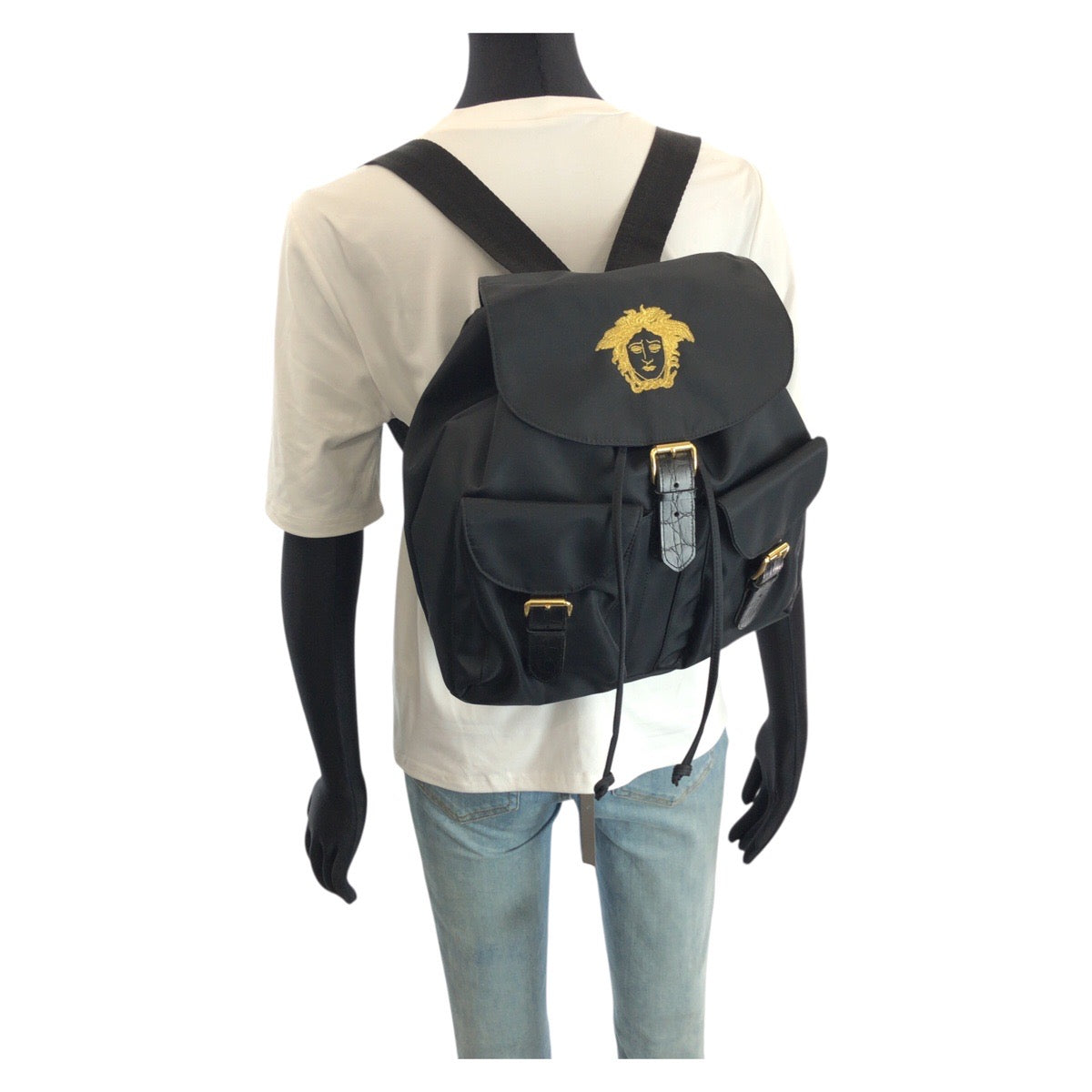 23859
VERSACE ヴェルサーチ ヴィンテージ メデューサ ブラック 黒 ゴールド金具 ナイロン / レザー リュック・デイパック バックパック レディース A49