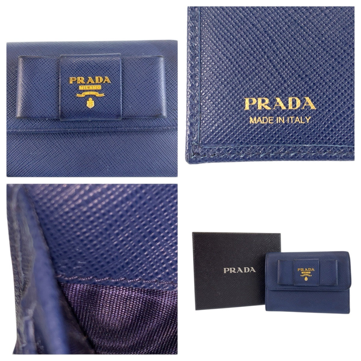 23874
PRADA プラダ サフィアーノ フィオッコ リボン ネイビー ゴールド金具 レザー 折り財布 コンパクトウォレット レディース AB21