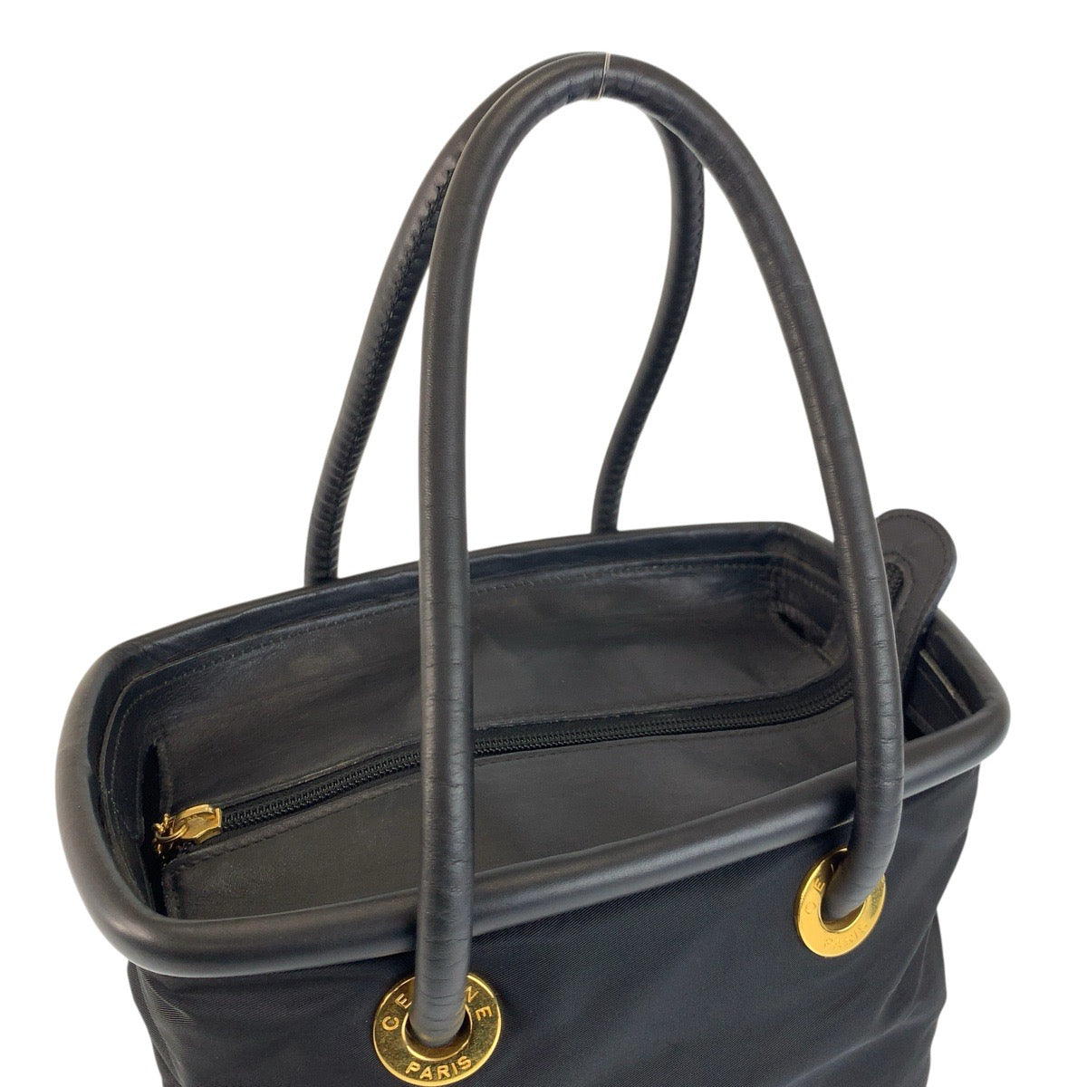 23877
CELINE セリーヌ ヴィンテージ サークルロゴ ブラック 黒 ゴールド金具 ナイロン / レザー TO5/1 ハンドバッグ トートバッグ レディース AB21