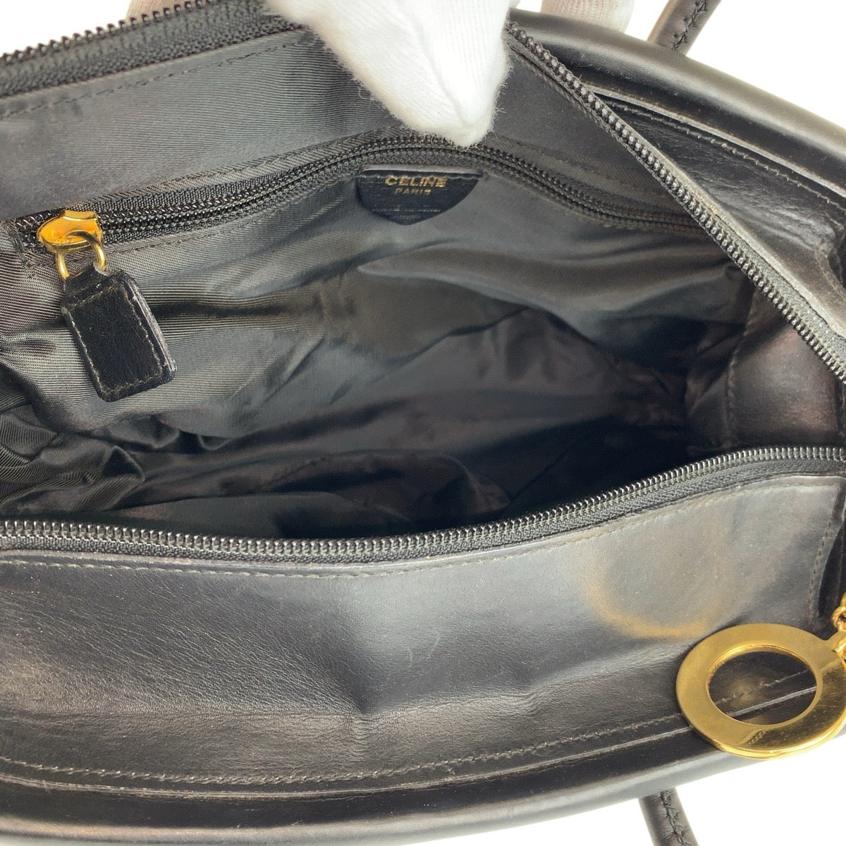 23877
CELINE セリーヌ ヴィンテージ サークルロゴ ブラック 黒 ゴールド金具 ナイロン / レザー TO5/1 ハンドバッグ トートバッグ レディース AB21