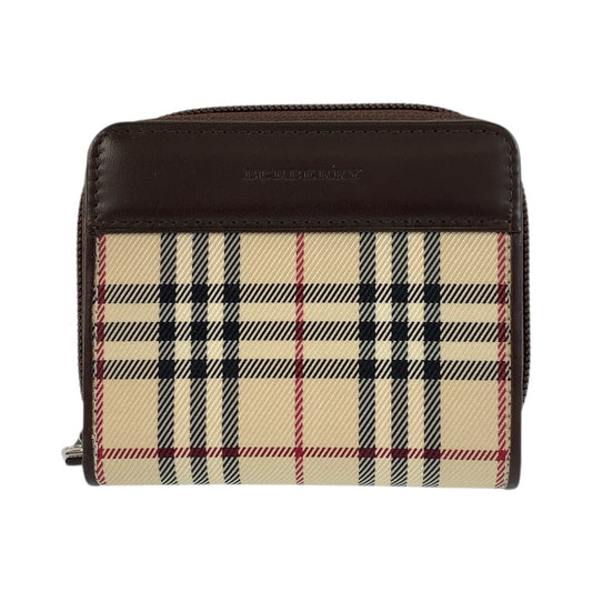 23904
BURBERRY バーバリー チェック柄 ベージュ ブラウン シルバー金具 キャンバス / レザー 折り財布 コンパクトウォレット レディース S28