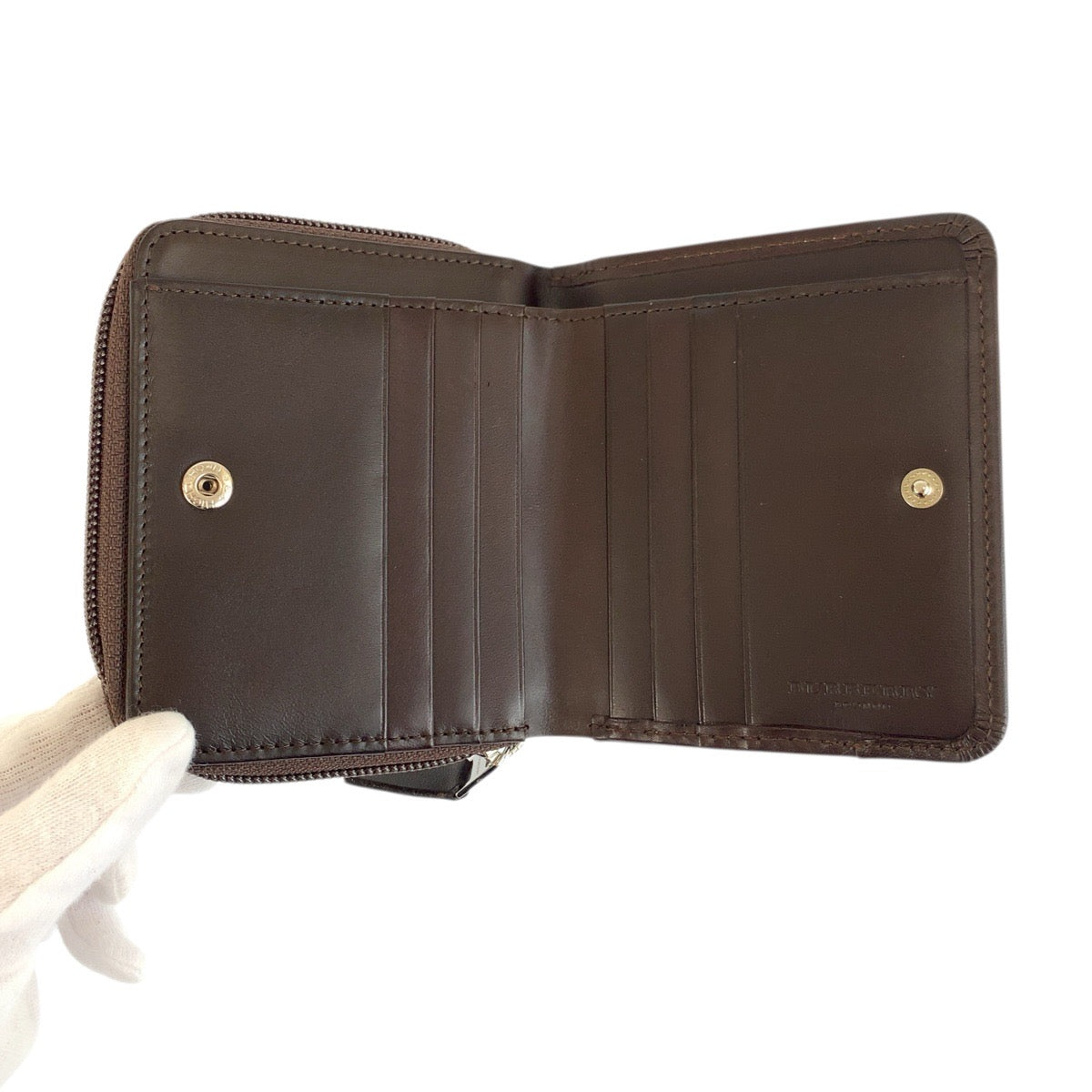 23904
BURBERRY バーバリー チェック柄 ベージュ ブラウン シルバー金具 キャンバス / レザー 折り財布 コンパクトウォレット レディース S28