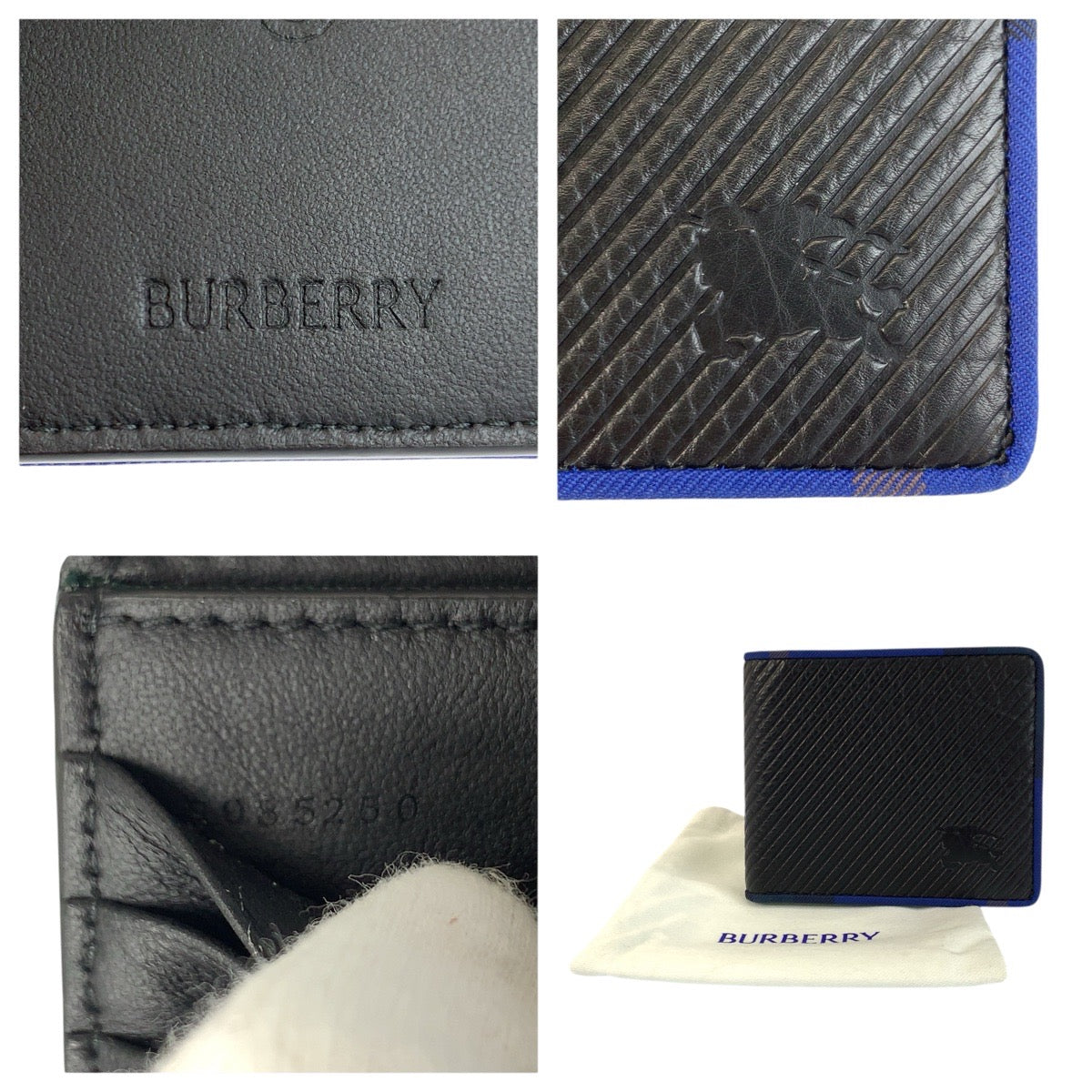 23907
BURBERRY バーバリー 馬上の騎士 ブラック ブルー レザー 折り財布 札入れ メンズ A21