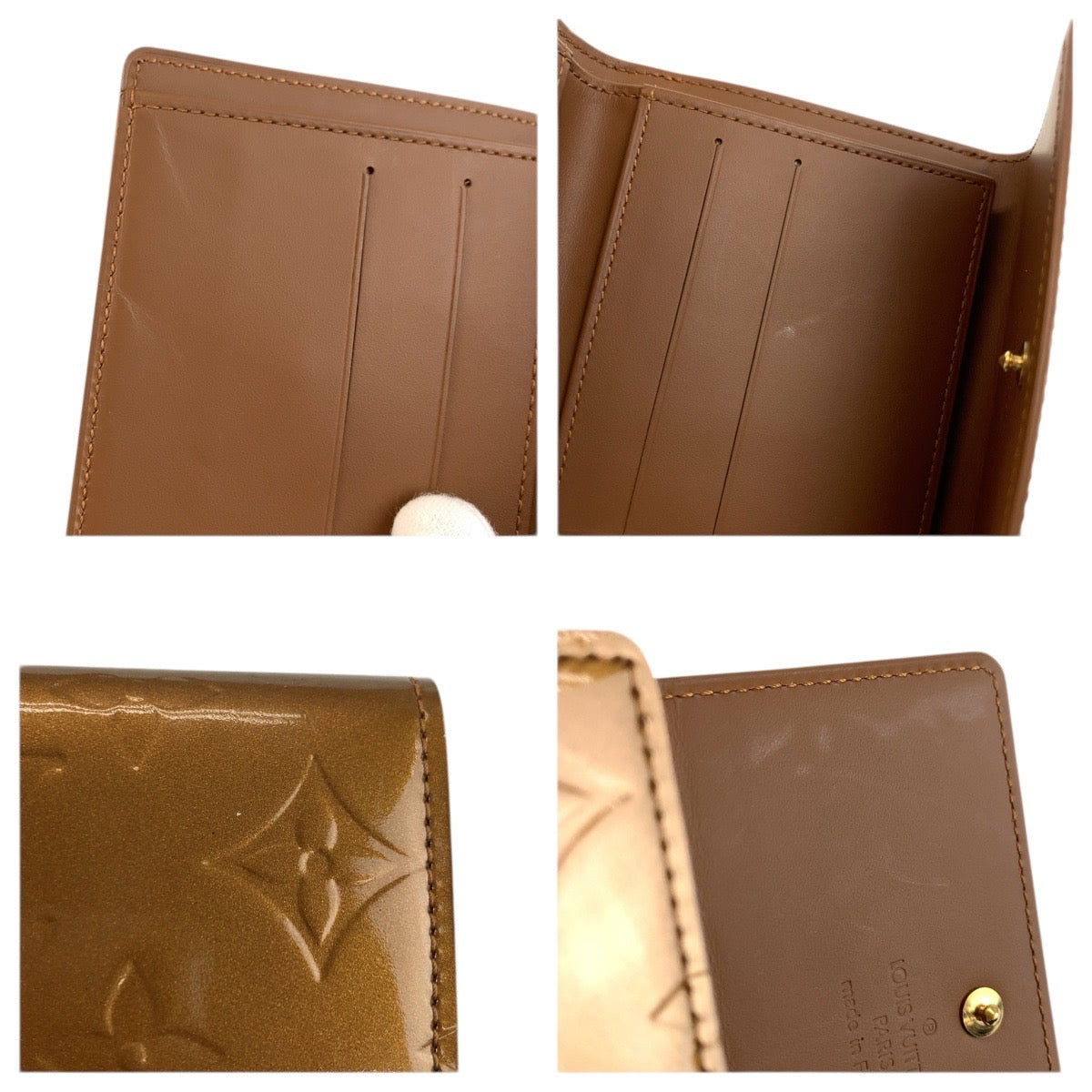 23908
LOUIS VUITTON ルイヴィトン モノグラム ヴェルニ ポルト モネ ビエ カルト クレディ ブロンズ ブラウン ゴールド金具 エナメル M91170 折り財布 コンパクトウォレット レディース A42