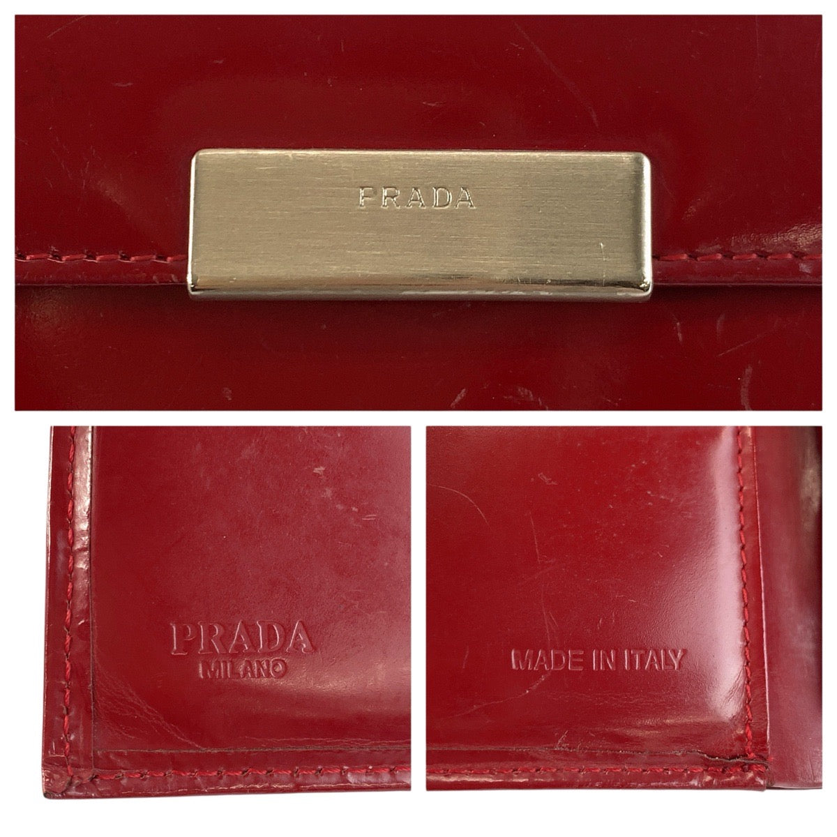 23910
PRADA プラダ レッド シルバー金具 パテントレザー 折り財布 コンパクトウォレット レディース AB5