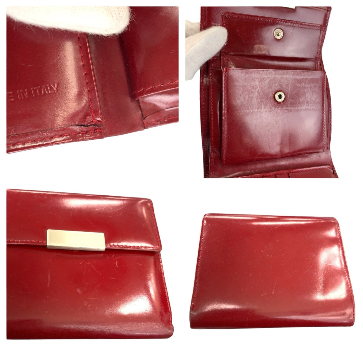 23910
PRADA プラダ レッド シルバー金具 パテントレザー 折り財布 コンパクトウォレット レディース AB5