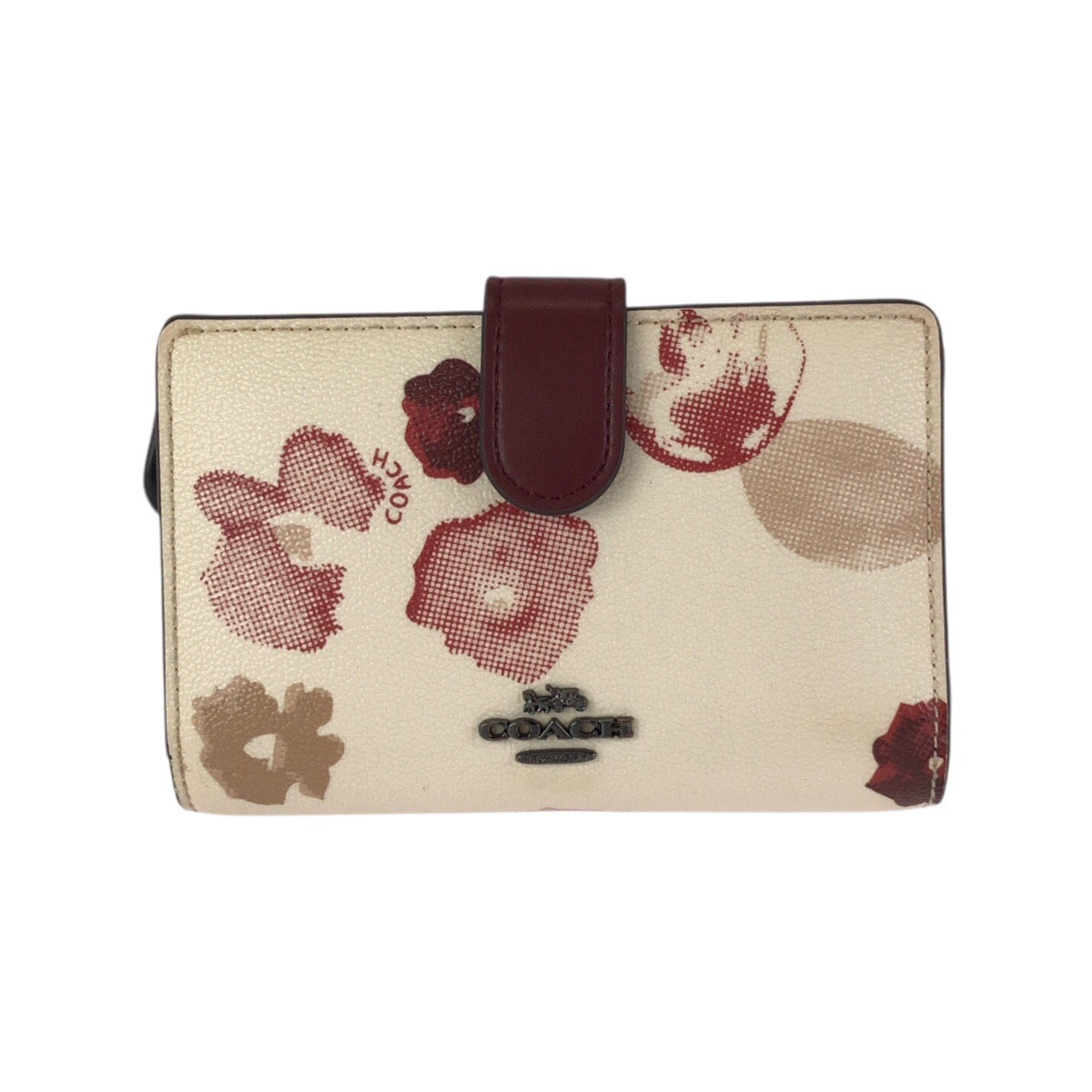 23911
COACH コーチ フローラル オフホワイト アイボリー ボルドー PVC / レザー 折財布 コンパクトウォレット レディース AB2