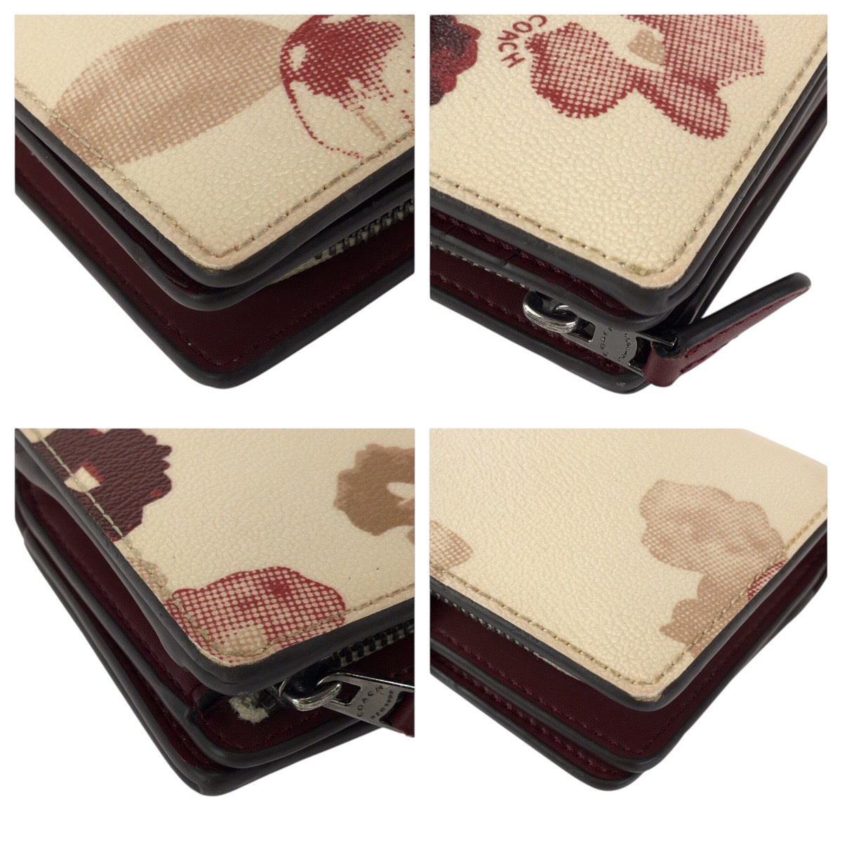 23911
COACH コーチ フローラル オフホワイト アイボリー ボルドー PVC / レザー 折財布 コンパクトウォレット レディース AB2