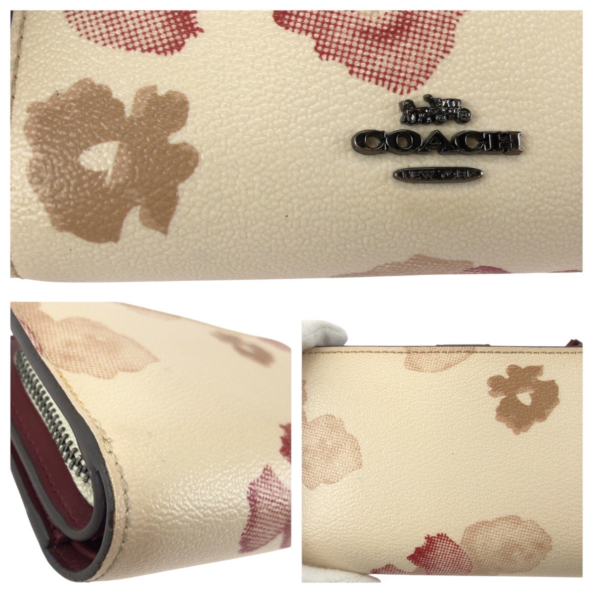 23911
COACH コーチ フローラル オフホワイト アイボリー ボルドー PVC / レザー 折財布 コンパクトウォレット レディース AB2