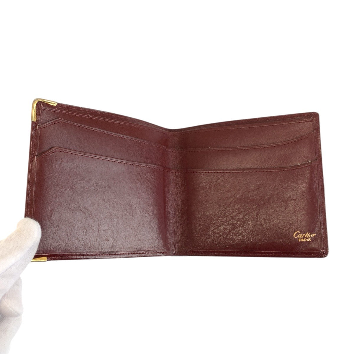23915
CARTIER カルティエ ヴィンテージ マストライン ボルドー ゴールド金具 レザー 折り財布 札入れ レディース AB3