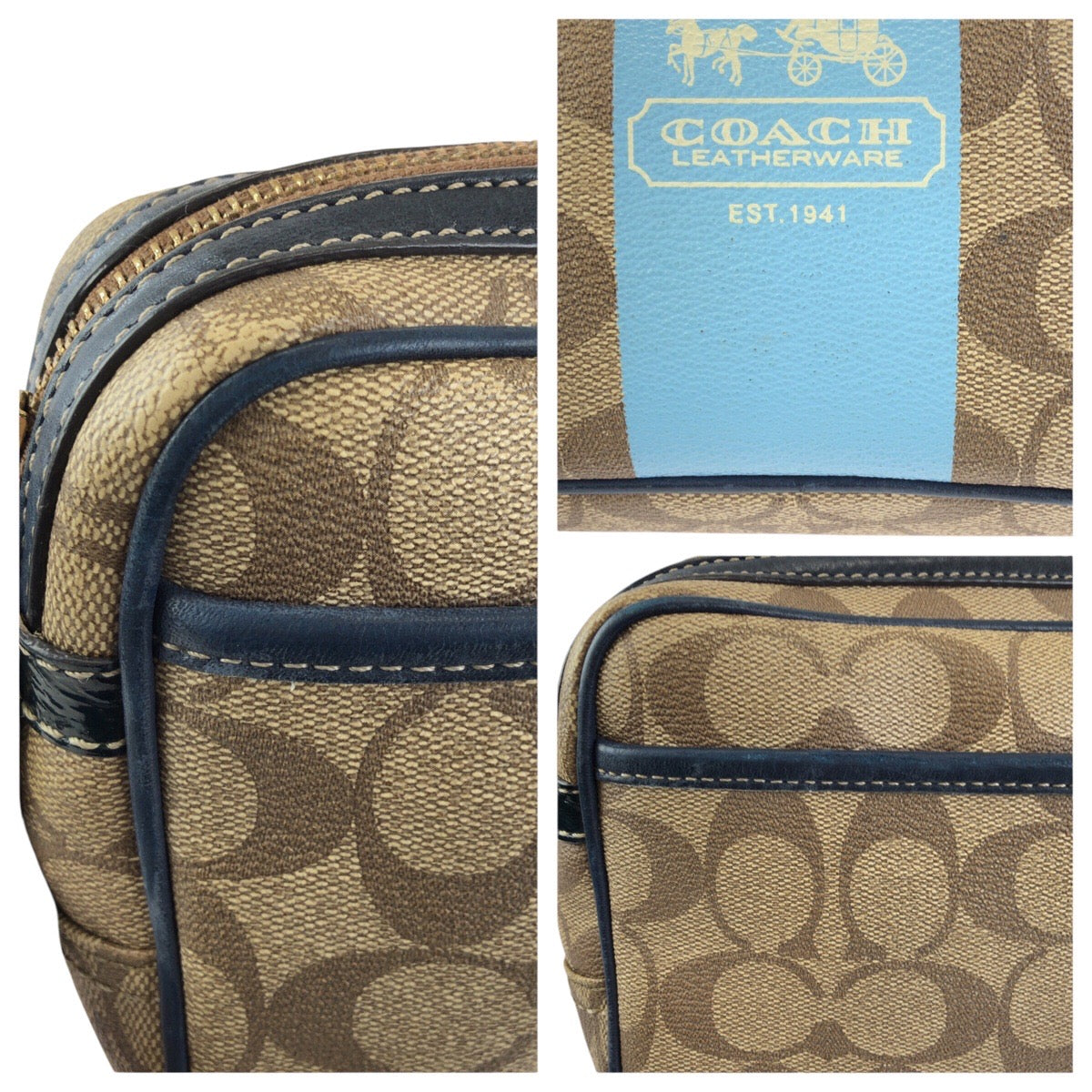 23932
COACH コーチ シグネチャー ベージュ ネイビー ゴールド金具 PVC 11355 ショルダーバッグ メッセンジャーバッグ レディース AB2