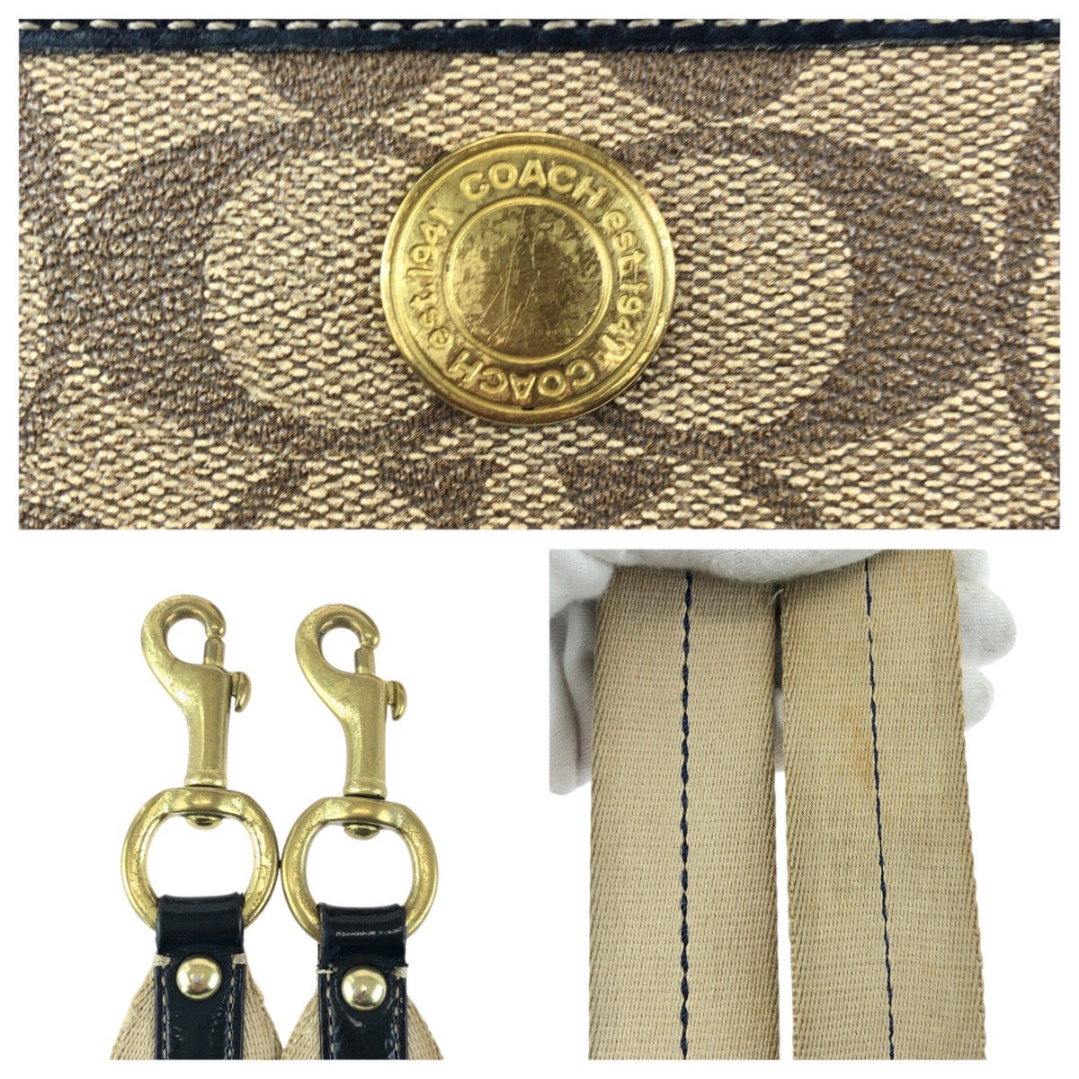 23932
COACH コーチ シグネチャー ベージュ ネイビー ゴールド金具 PVC 11355 ショルダーバッグ メッセンジャーバッグ レディース AB2