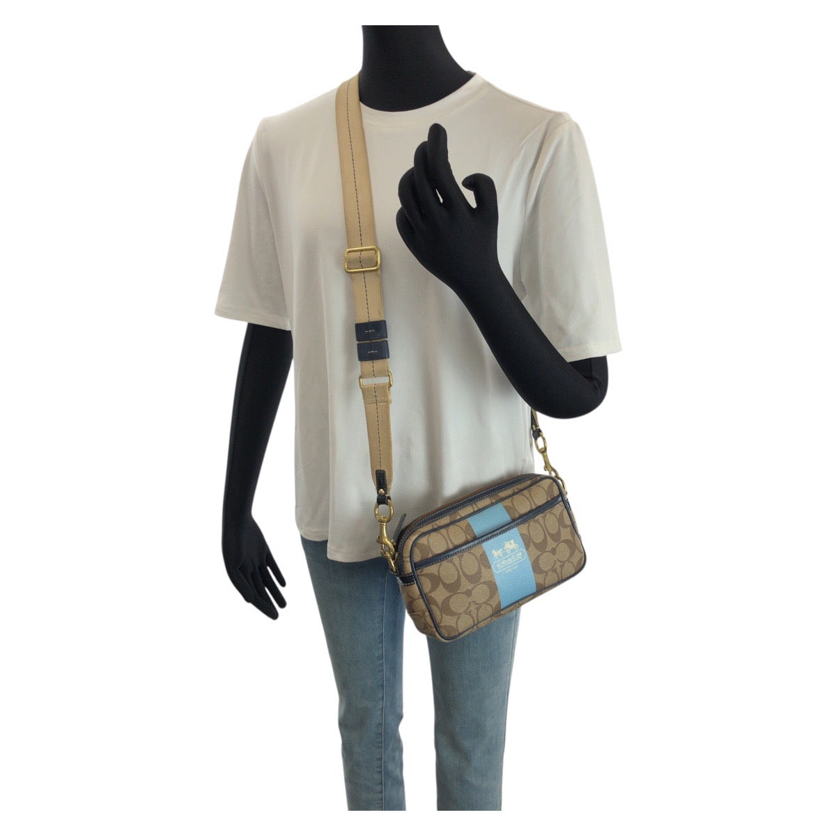 23932
COACH コーチ シグネチャー ベージュ ネイビー ゴールド金具 PVC 11355 ショルダーバッグ メッセンジャーバッグ レディース AB2