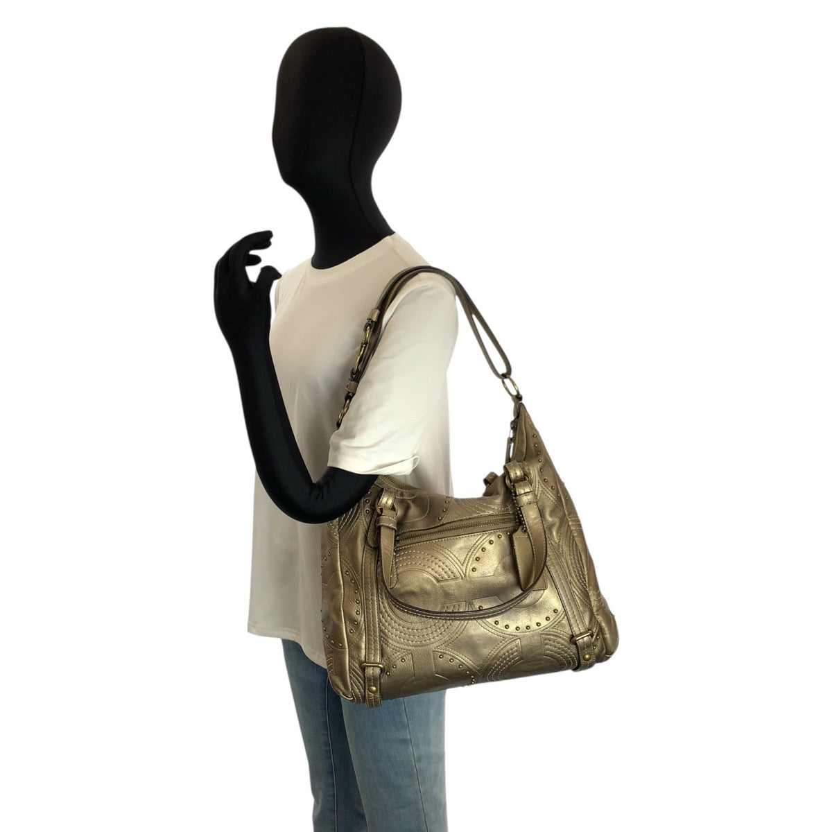 23933
COACH コーチ オプアート エンボスド スタッテッド アレクサンドラ メタリック ゴールド レザー D1082 ハンドバッグ ショルダーバッグ レディース AB2