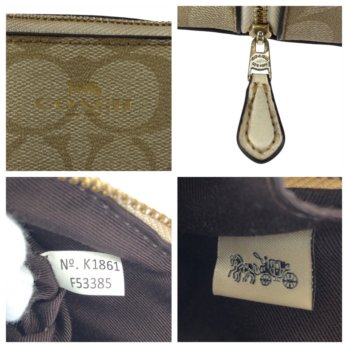 23937
COACH コーチ シグネチャー ベージュ ゴールド金具 PVC F53385 ポーチ メイクポーチ 小物入れ レディース AB1