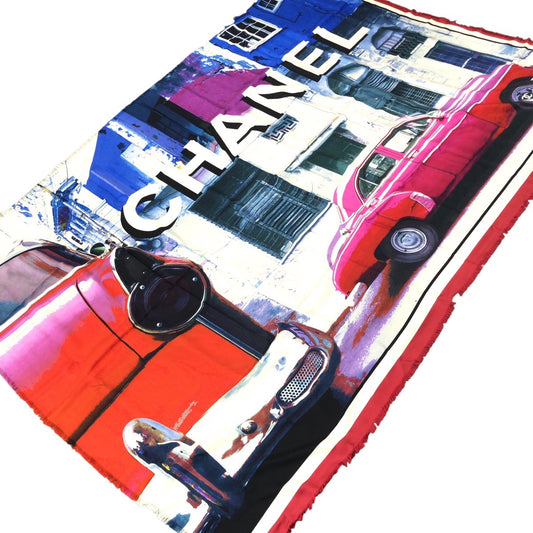 23960
CHANEL シャネル 大判 車 ブルー ホワイト レッド シルク スカーフ ストール 男女兼用 レディース S90