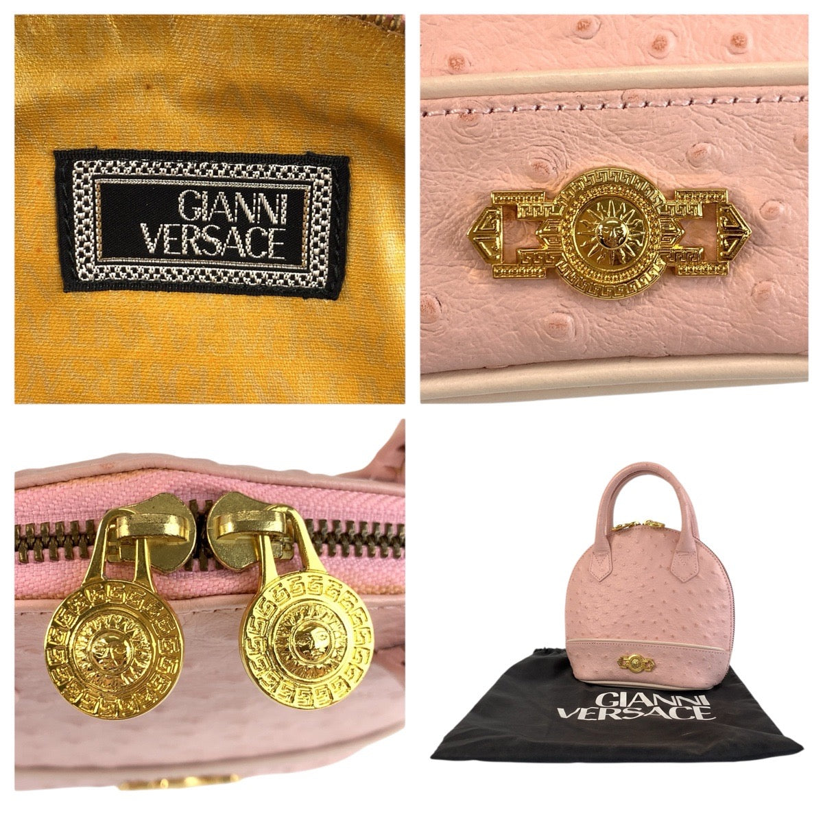23963
VERSACE ヴェルサーチ ヴィンテージ サンバースト 型押し ピンク レザー ハンドバッグ レディース ABP49