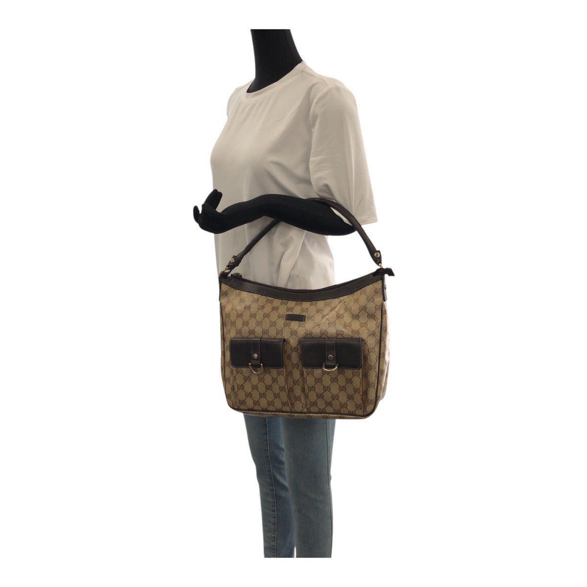 23968
GUCCI グッチ GGクリスタル ブラウン ベージュ ゴールド金具 PVC 293581 ホーボー ショルダーバッグ ハンドバッグ レディース AB36