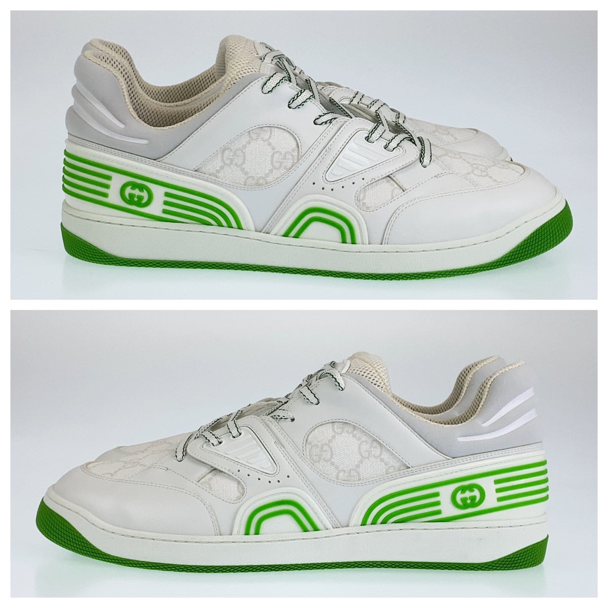 23974
GUCCI グッチ バスケット サイズ11.5 ホワイト グリーン GGキャンバス / レザー バスケット ローカット レースアップ メンズ N40