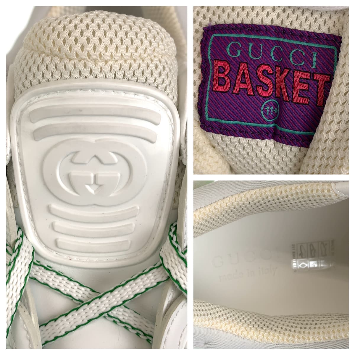 23974
GUCCI グッチ バスケット サイズ11.5 ホワイト グリーン GGキャンバス / レザー バスケット ローカット レースアップ メンズ N40