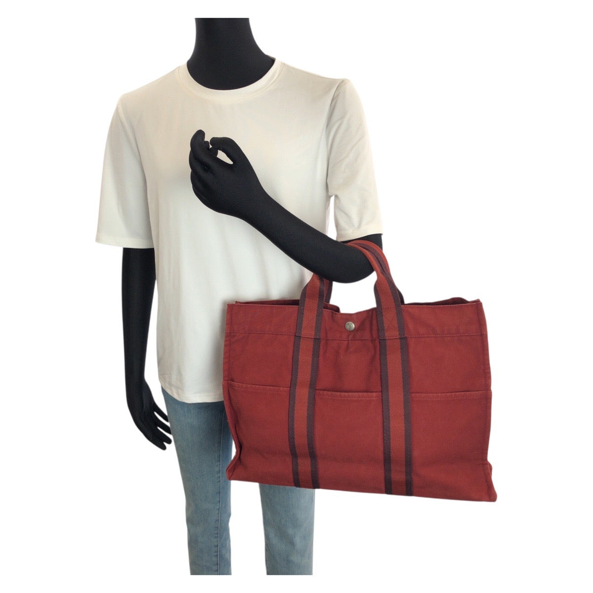 24031
HERMES エルメス フールトゥ MM レッド シルバー金具 キャンバス トートバッグ ハンドバッグ レディース AB14