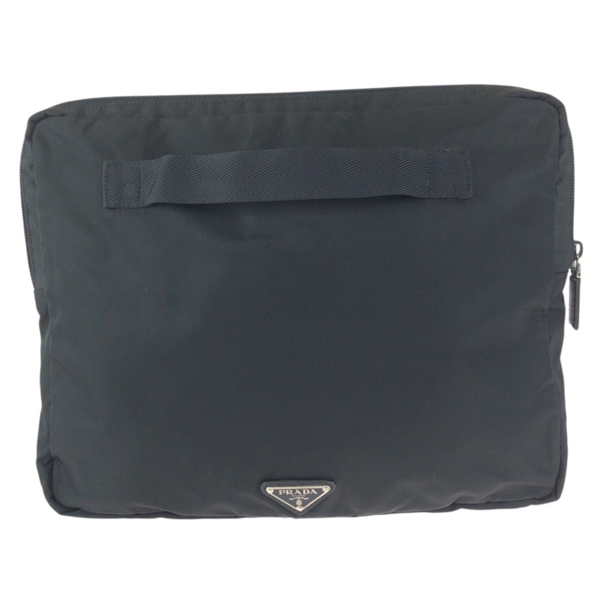 24065
PRADA プラダ テスート 三角ロゴプレート ブラック 黒 シルバー金具 ナイロン クラッチバッグ PCケース 男女兼用 レディース ABP23