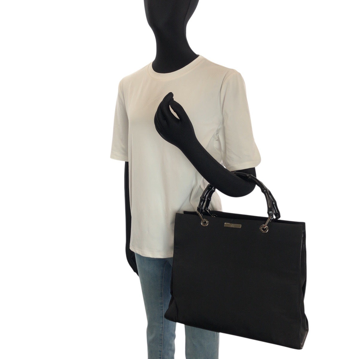 24066
GUCCI グッチ バンブー ブラック 黒 シルバー金具 ナイロン 002 1010 ハンドバッグ トートバッグ レディース ABP28
