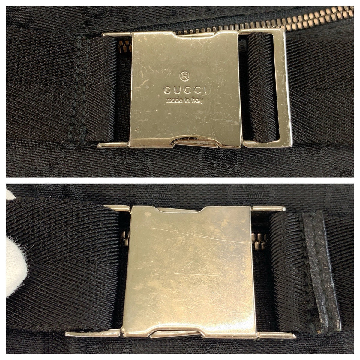 24076
GUCCI グッチ ブラック 黒 シルバー金具 GGキャンバス / レザー 28566 ボディバッグ ウエストポーチ メンズ AB35
