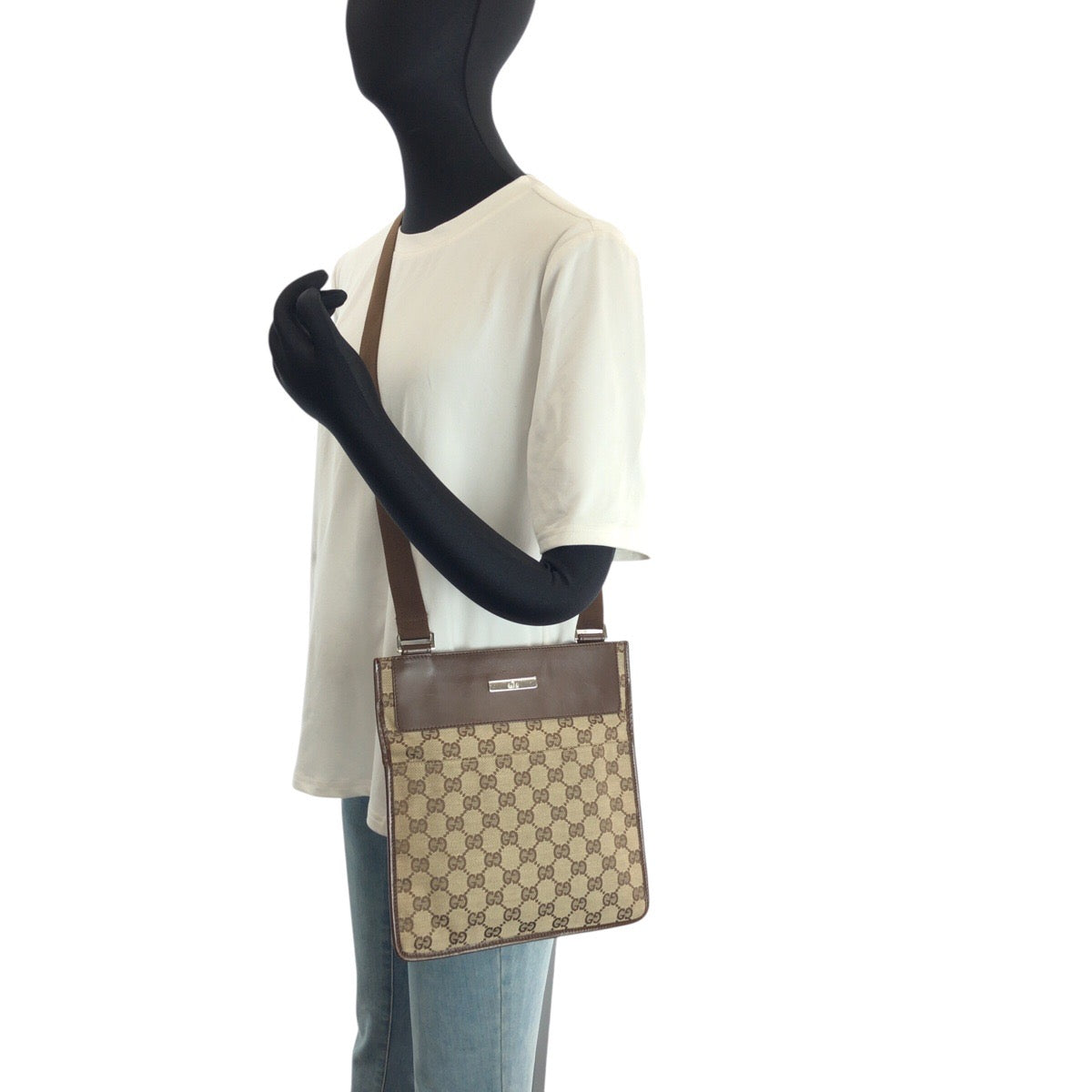 24083
GUCCI グッチ ブラウン ベージュ シルバー金具 GGキャンバス / レザー 019 0348 ショルダーバッグ メッセンジャーバッグ レディース AB36