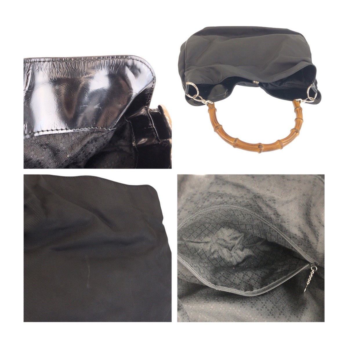 24098
GUCCI グッチ バンブー ブラック 黒 シルバー金具 ナイロン / パテントレザー 001 1998 1577 ショルダーバッグ ハンドバッグ 2WAY レディース AB30
