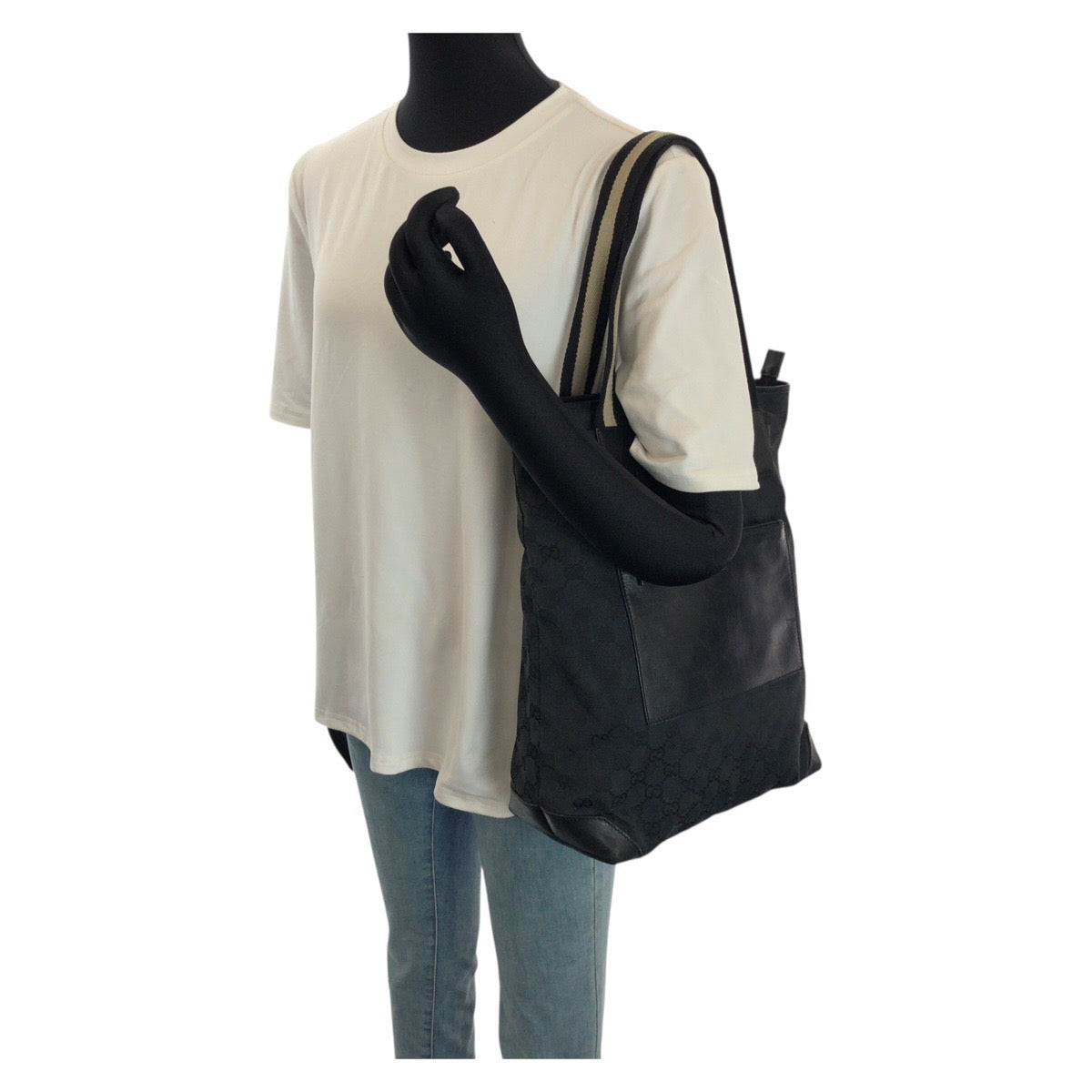 24115
GUCCI グッチ ブラック 黒 シルバー金具 GGキャンバス / レザー 019 0401 トートバッグ ショルダーバッグ レディース AB28