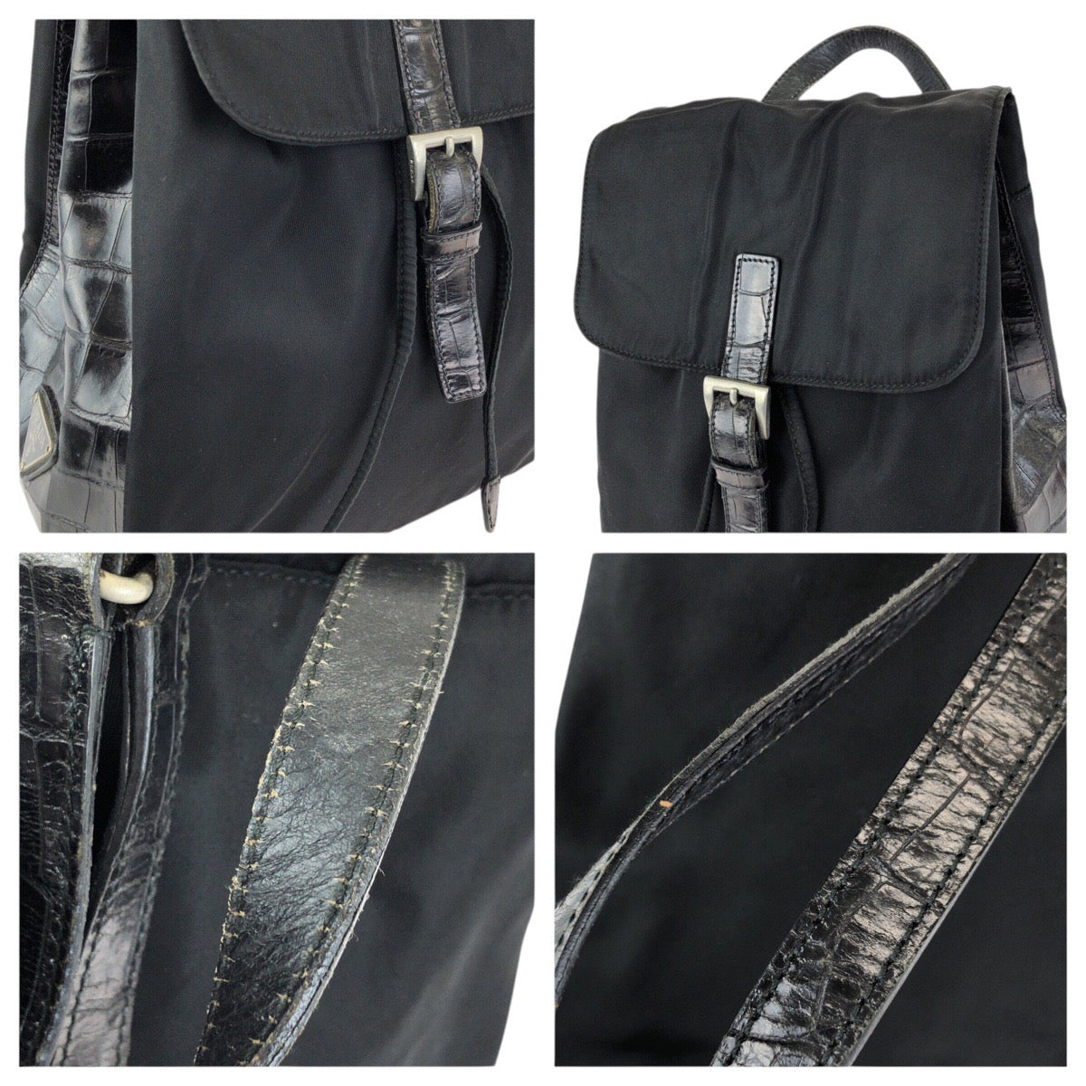 24117
PRADA プラダ ヴィンテージ オールドプラダ テスート 三角ロゴプレート 型押し ブラック 黒 シルバー金具 ナイロン / レザー リュックサック バックパック レディース AB30