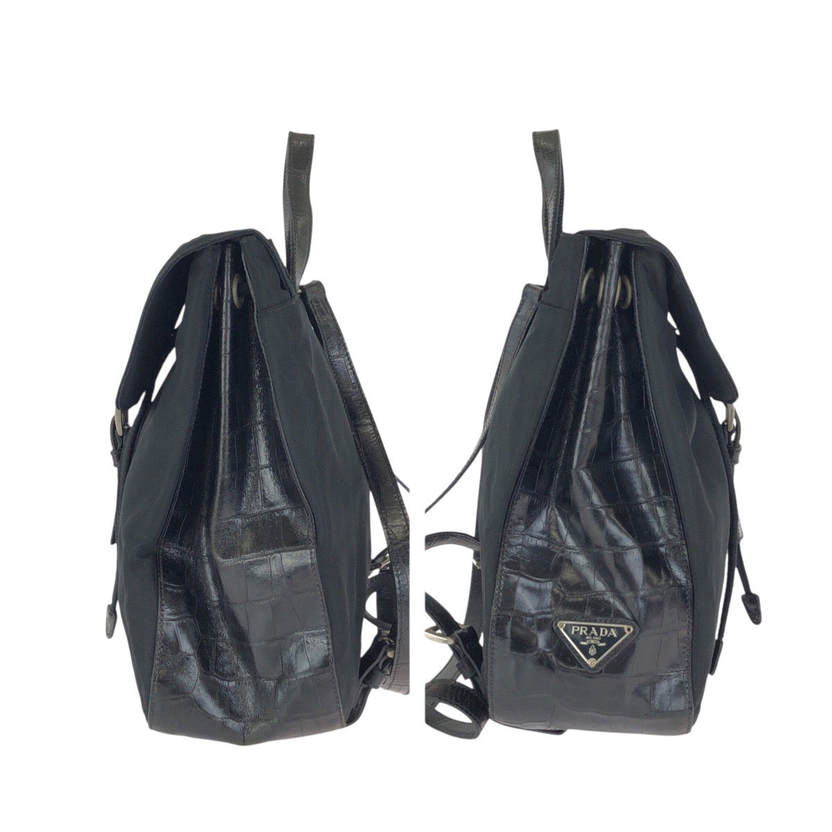24117
PRADA プラダ ヴィンテージ オールドプラダ テスート 三角ロゴプレート 型押し ブラック 黒 シルバー金具 ナイロン / レザー リュックサック バックパック レディース AB30