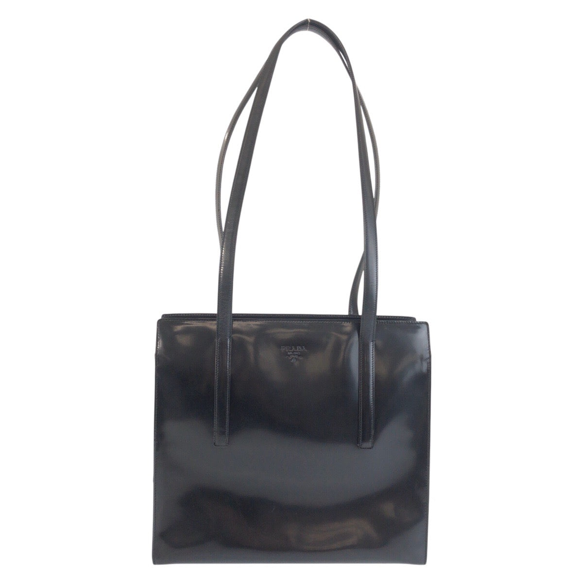 24121
PRADA プラダ ロゴ型押し ブラック 黒 シルバー金具 エナメル トートバッグ ショルダーバッグ レディース ABP36