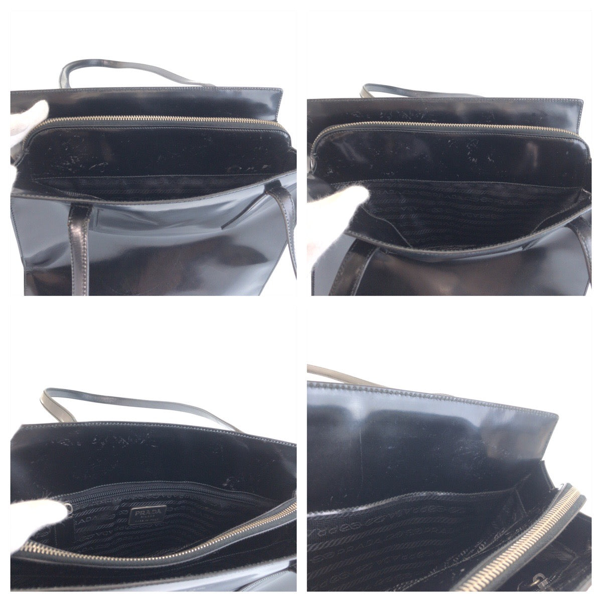 24121
PRADA プラダ ロゴ型押し ブラック 黒 シルバー金具 エナメル トートバッグ ショルダーバッグ レディース ABP36