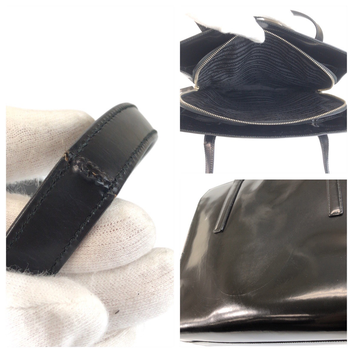 24121
PRADA プラダ ロゴ型押し ブラック 黒 シルバー金具 エナメル トートバッグ ショルダーバッグ レディース ABP36