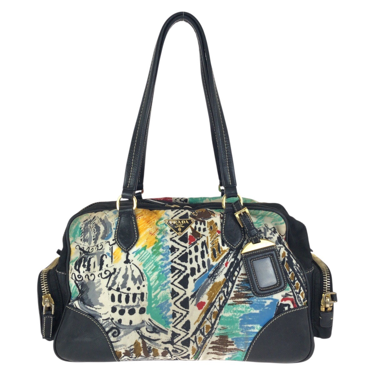 24122
PRADA プラダ テスート 三角ロゴプレート ベネチア ブラック マルチカラー ゴールド金具 ナイロン / レザー ショルダーバッグ トートバッグ レディース AB42