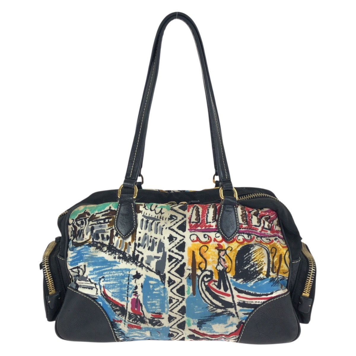 24122
PRADA プラダ テスート 三角ロゴプレート ベネチア ブラック マルチカラー ゴールド金具 ナイロン / レザー ショルダーバッグ トートバッグ レディース AB42