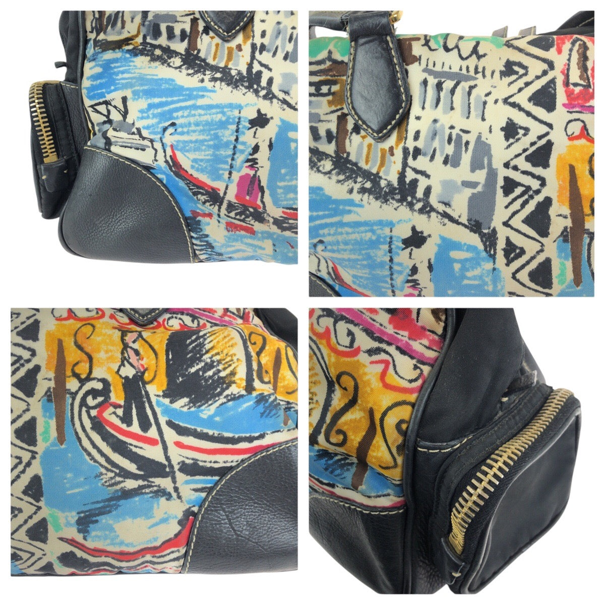 24122
PRADA プラダ テスート 三角ロゴプレート ベネチア ブラック マルチカラー ゴールド金具 ナイロン / レザー ショルダーバッグ トートバッグ レディース AB42