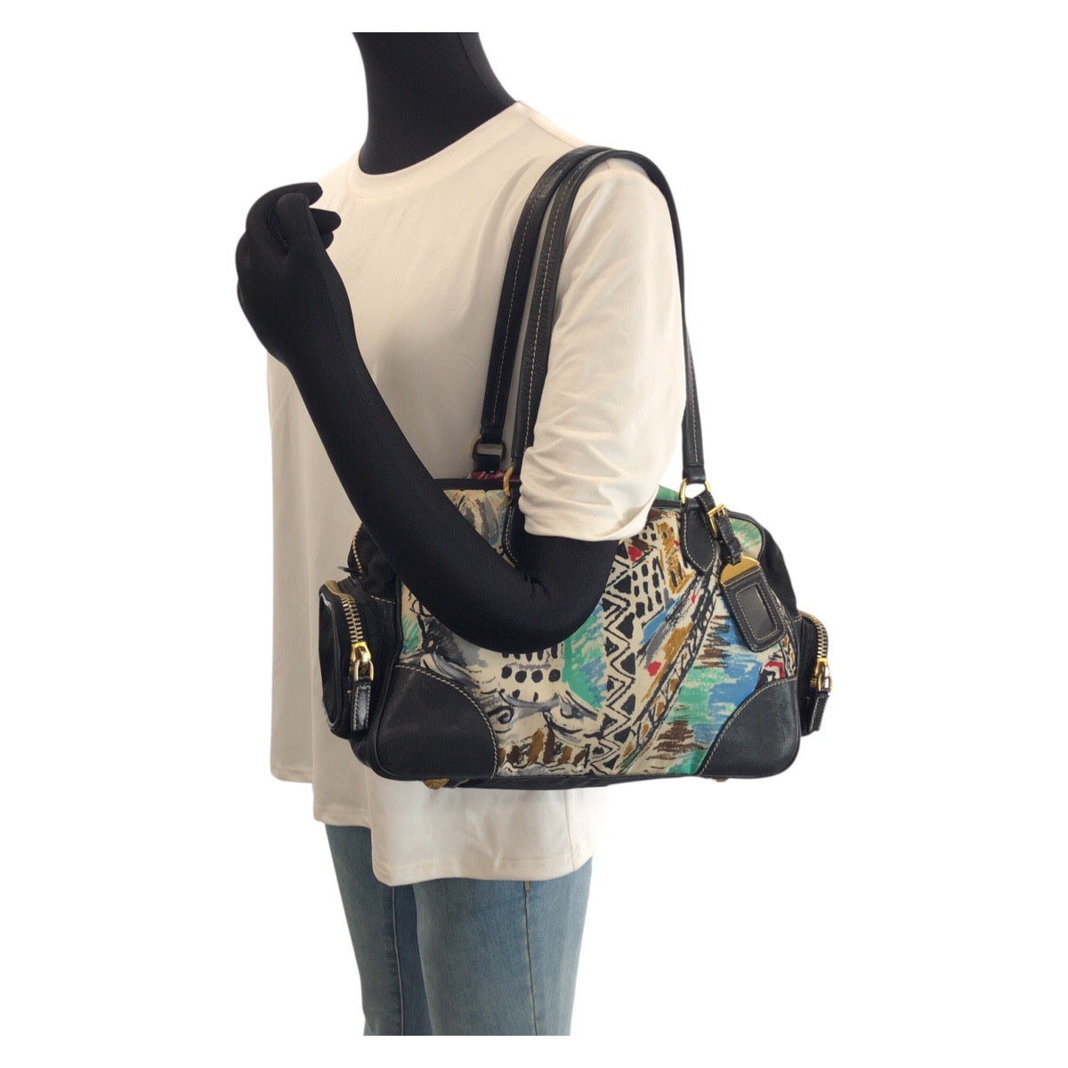 24122
PRADA プラダ テスート 三角ロゴプレート ベネチア ブラック マルチカラー ゴールド金具 ナイロン / レザー ショルダーバッグ トートバッグ レディース AB42