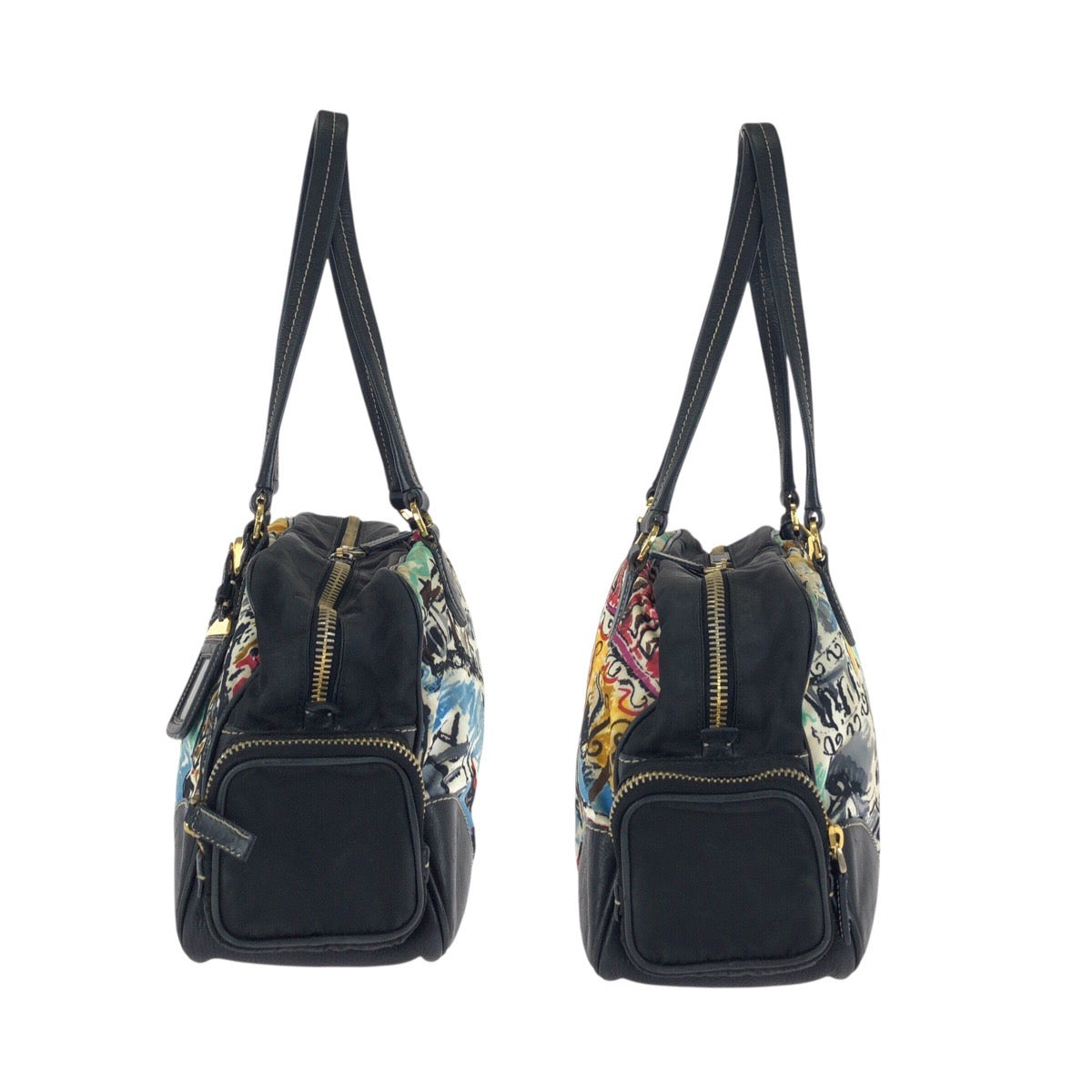 24122
PRADA プラダ テスート 三角ロゴプレート ベネチア ブラック マルチカラー ゴールド金具 ナイロン / レザー ショルダーバッグ トートバッグ レディース AB42