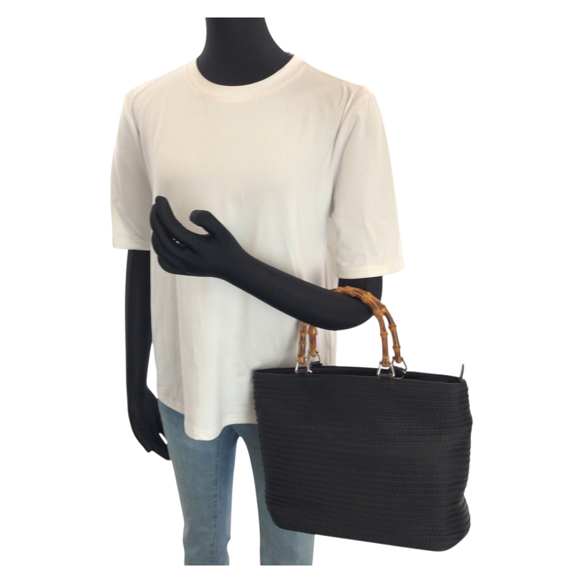 24128
GUCCI グッチ ヴィンテージ バンブー ブラック 黒 シルバー金具 ナイロン トートバッグ ハンドバッグ レディース ABP28